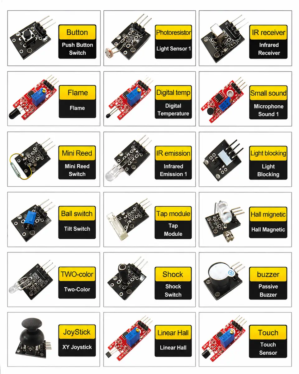 Sensor kit module list with button light infrared and sound modules